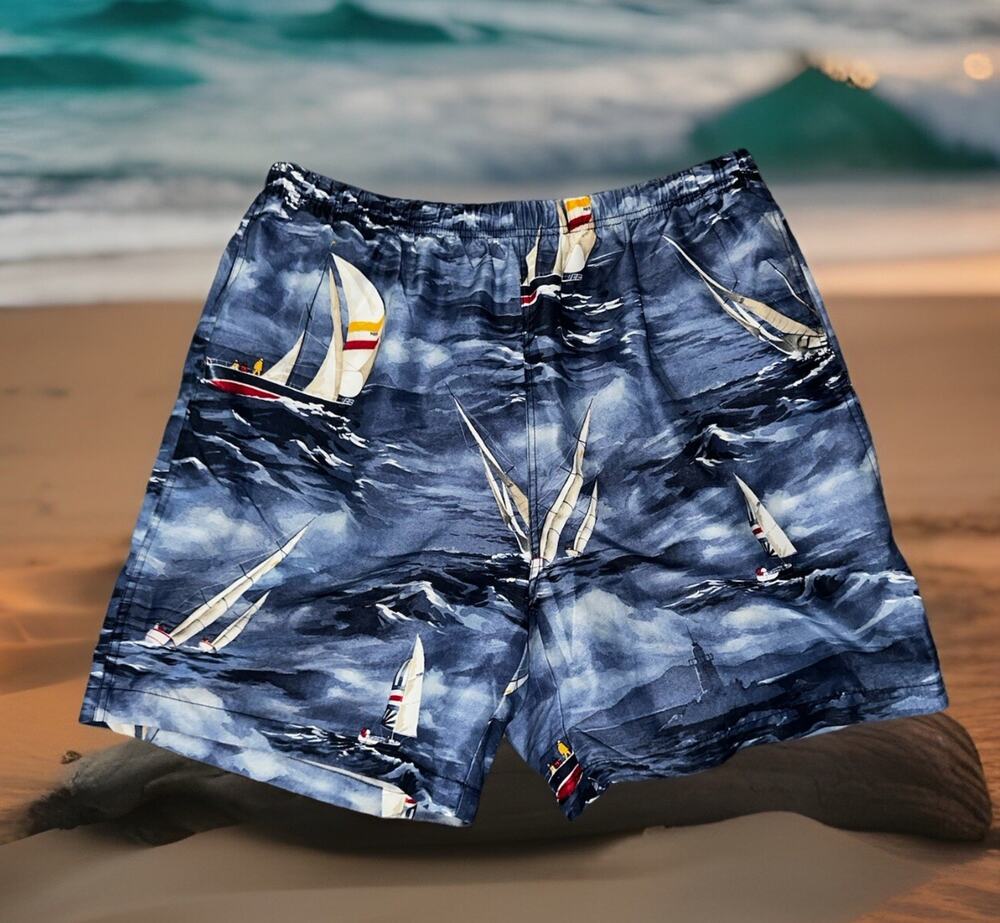 💦 Vintage Y2k *SaiLBoAT & WaVeS PRiNT* Nautica Swim Trunks Shorts Men's Size XL